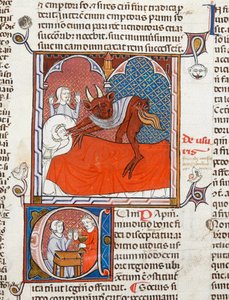 Arundel 484 f.245 Un diablo o demonio en el lecho de un muerto, ilustración de Digestum Vetus con glosa ordinaria, de Justiniano, c.1300-10 (vitela) de French School