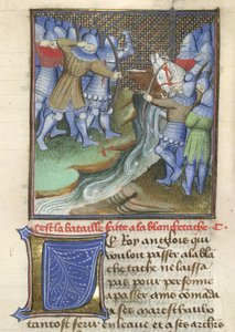Arundel 67, f.144, Soldados medievales luchando, al otro lado de un río, de Chroniques d