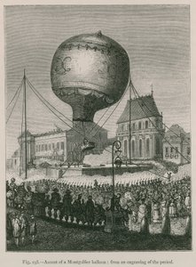 Ascenso de un globo Montgolfier; de un grabado de la época de French School