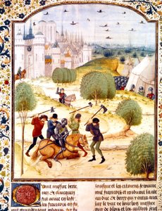 Asesinato de un caballero inglés en las afueras de París en 1437 (guerra de los 100 años) iluminación de las Crónicas de Inglaterra escritas por Jean de Wavrin de French School
