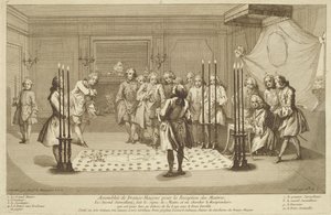Asamblea de masones libres antes de la iniciación de un maestro, de Las ceremonias de religión y costumbre c.1733