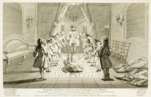 Asamblea de masones libres para la iniciación de un maestro, de Las ceremonias de religión y costumbre, c.1733