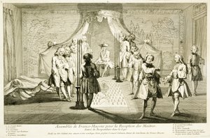 Asamblea de masones libres para la iniciación de un maestro, la entrada del candidato a la logia, de Las ceremonias de religión y costumbre, c.1733