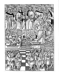 Asamblea de la Prebostía de los Mercaderes de París, después de un grabado en Ordannances Royaux de la Jurisdiction de la Prevote de Marchands et Eschevinage de la Ville de Paris de Jacques Nyverd de French School
