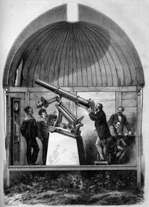Astronomía: bisel astronómico francés transportado a Yokohama (Japón) para observar el paso del planeta Venus por el Sol. Grabado en "Le Monde Illustré" n°904 del 8 de agosto de 1874