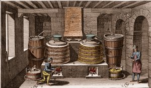 Atelier de un destilador de brandy - La Gran Enciclopedia, o Diccionario Razonado de las Ciencias, Artes y Oficios (Enciclopedia o Diccionario de las Ciencias, Artes y Profesiones) por Denis Diderot (1713-1784) y Jean d