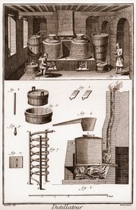 Taller de un destilador de agua de vida - destilería de brandy - “La Gran Enciclopedia, o Diccionario Razonado de las Ciencias, las Artes y los Oficios” de Denis Diderot (1713-1784) y Jean d