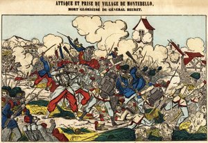 Ataque y captura del pueblo de Montebello, la gloriosa muerte del General Beuret en 1859. Imagen de Epinal de French School