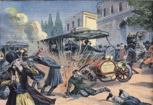Atentado contra el Shah de Persia Mohammad Ali Shah Qajar (1872-1925). Grabado del periódico "Le Petit Parisien"