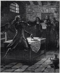 Intento de suicidio del Marqués Thomas Arthur, Barón de Tollendal, Conde de Lally (1702 - 1766), general francés de origen irlandés en el momento del anuncio de su sentencia de muerte por traición por el parlamento de París en 1766. Grabado del siglo XIX. de French School