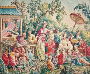 Cartón de Aubusson para un tapiz mural de figuras en un jardín oriental de French School