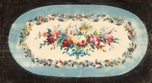 Diseño de Aubusson para el respaldo de un sofá o asiento con ramos de flores mixtas dentro de bordes con cintas y flores