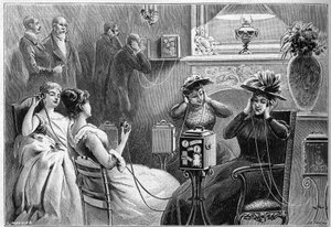 Audición del Teatrófono (audiciones teatrales en casa) en el salón de un gran hotel en París en 1892.