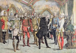Crisis austrohúngara - recepción de magnates húngaros por el emperador Francisco José, ilustración de Le Petit Journal, 15 de octubre de 1905