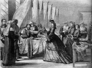 Guerra Austro-Prusiana (1866): La emperatriz Isabel de Austria (Sissi) (1837-1898) visita a los soldados heridos en Viena. Grabado en “” Le Monde Illustré”” n°486 del 4 de agosto de French School