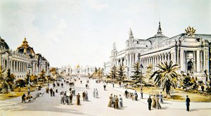 Avenida Nicolás II mostrando el Gran Palais y el Petit Palais durante la Exposición Universal en París, ilustración de 