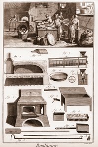 Panadería - Una panadería y equipo de panadería - "La Gran Enciclopedia, ou Dictionnaire Raisonne des Sciences, des Arts et des Metiers" (Enciclopedia o Diccionario de las Ciencias, Artes y Profesiones) por Denis Diderot (1713-1784) y Jean d
