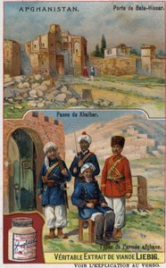 Puerta de Bala-Hissar en Afganistán y soldados del ejército afgano en el cruce de Khaiber. Cromolitografía publicitaria del siglo XIX. de French School