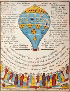Vuelo en globo: experiencia de los hermanos Montgolfier el 19 de octubre de 1783 en el jardín de Monsieur Reveillon, faubourg Saint Antoine en París. Grabado de época. París, B.N. de French School