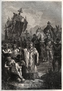 Bautismo del líder sajón pagano Widukind bajo la presión del emperador Carlomagno - Carlomagno impone el bautismo a los sajones - Conversión de Widukind ante Carlomagno en 785 - grabado de “L