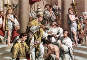 Bautismo de Constantino, de un "Conjunto de postales educativas religiosas", c.1950 (litografía en color) de French School
