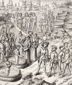 Bautismo de los sajones conquistados por Carlomagno, de Vida Militar y Religiosa en la Edad Media por Paul Lacroix, publicado en Londres c.1880 de French School