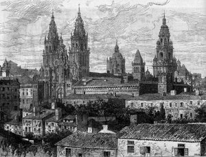 Arte barroco: vista de la Catedral de Santiago de Compostela. España. Grabado en “Le Monde Illustré” n°1220 del 14 de agosto de 1880.