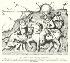 Bajorrelieve cerca de Kazerun, Irán, que representa la victoria del rey sasánida Shapur I sobre el emperador romano Valeriano en la Batalla de Edesa, 260