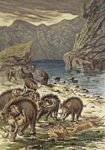Batalla entre mamuts y tigres dientes de sable, de Le Monde Avant la Création d