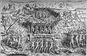 Batalla entre el ejército francés de Samuel de Champlain (circa 1567-1635) y los iroqueses. Canadá, principios del siglo XVII. Grabado en 