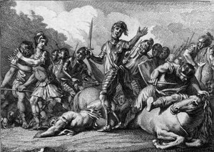 Batalla de Tolbiac, 496: Clodoveo I (466-511), Rey de los Francos, pidiendo ayuda a Dios para derrotar a la tribu germánica de los alamanes. Grabado del siglo XVIII
