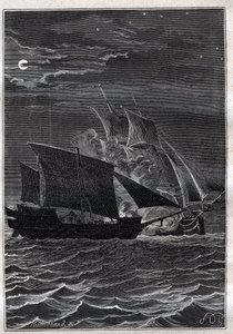 Batalla del Golondrina y un barco pirata malayo: El barco Golondrina de Philip Carteret o Philippe de Carteret (1733-1796) luchó con un barco pirata malayo en las aguas de Indonesia en 1767 - ilustración de “Los Grandes Marineros del siglo XVIII”