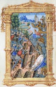 Escena de batalla entre arqueros y caballería, con castillo y barcos, c.1495-1500 de French School