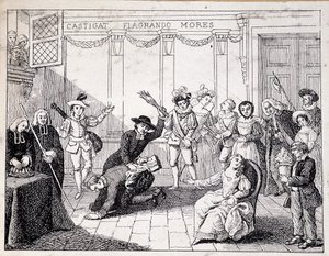 Beaumarchais azotando en Saint Lazare - escena de fustigación de Beaumarchais, sosteniendo en la mano el folleto de la Folle journee - de ap. pintura de la Comedie Francaise, grabado