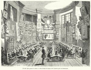 Clase de principiantes en una escuela gratuita de dibujo, Francia (grabado) de French School