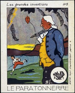 Benjamin Franklin, político y físico estadounidense (1706-1790) y el pararrayos (la experiencia de la cometa) - Etiqueta, Deb. siglo XX