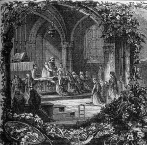 Bernadette Soubirous (1844-1879) durante su primera comunión. Siglo XIX (después de 1858). Grabado en "Notre Dame de Lourdes" por Henri Lasserre de French School