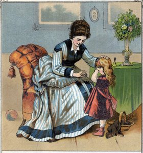 Berthe está llorando porque se pinchó el dedo mientras cosía. Su madre la regaña por olvidar usar el dedal. Cromolitografía tomada de “Escenas infantiles”. Publicado por Guerin - Muller alrededor de 1885. de French School