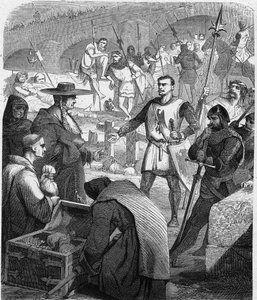 Bertrand du Guesclin (Duguesclin) (c.1320-1380) condestable de Francia negándose a recibir dinero de los habitantes de Aviñón. Grabado en "Historia de Francia en Cien Pinturas" de Paul Lehugeur, 1891. de French School