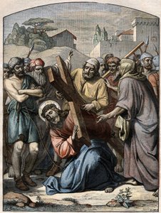 Escena bíblica - Vía Crucis: Jesús ayudado por Simón de Cirene. Grabado en "Le Pelerin" del 13 de septiembre de 1896