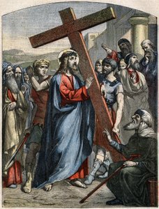 Escena bíblica - Vía Crucis: Jesús carga con la cruz. Grabado en “Le Pèlerin” del 3 de mayo