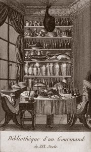 Biblioteca de un gourmet del siglo XIX - grabado en “Almanach des gourmands, sirviendo como guía en formas de hacer excelente comida. Por un viejo aficionado” por Alexandre Balthazar Laurent Grimod de la Reynière - 1804-1812 de French School