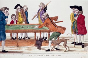 Jugadores de billar (termidor del año 8 del calendario revolucionario) (1800). Caricatura. Grabado en color de la escuela francesa del período revolucionario. París, Museo Carnavalet de French School