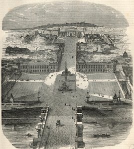 Vista aérea de la Place de la Concorde, rue Royale con la iglesia de la Madeleine - Grabado en “Tableau-de-Paris” por Edmond Texier 1852 de French School
