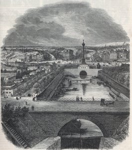 Vista de pájaro del Canal Saint-Martin (San Martín), la Plaza y el distrito de la Bastilla, tomada desde la orilla derecha del Sena - Grabado en "Tableau-de-Paris" por Edmond Texier 1852 de French School
