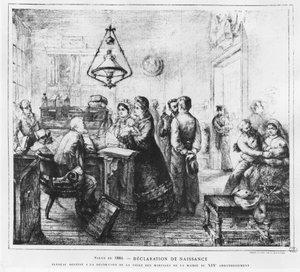 Declaración de nacimiento - dibujo de H.E Blanchon, en “La vie moderne” de French School