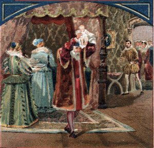 Nacimiento del Rey Enrique IV el 13/12/1553 en el Castillo de Pau. Juana III, conocida como Juana de Albret (1528-1572), da a luz al joven rey que es mostrado a los visitantes por su padre Antonio de Borbón (1518-1562). Cromolitografía de finales del siglo de French School