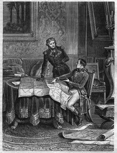 Bonaparte indicando al General Jean Joseph Dessolles un plan de campaña para el Ejército del Rin, marzo 1800 - Grabado de 1865 en “Historia del Consulado y del Imperio” por Louis Adolphe Thiers de French School