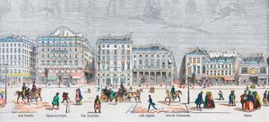 Boulevard des Italiens lado sur - Rue Favart - Ópera cómica - Rue Marivaux - Café Anglais - Rue Grammont - Bazar - Grabado en “Tableau-de-Paris” por Edmond Texier 1852