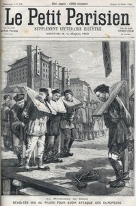 Revuelta de los bóxers en China en 1898: Revoltosos en el cepo por atacar a europeos. Portada de "Le petit parisien" de 1898. de French School